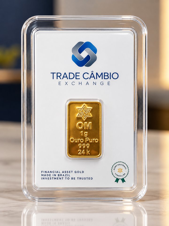 Barra de ouro 999 de 1 grama da Ourominas, na embalagem da Trade Câmbio