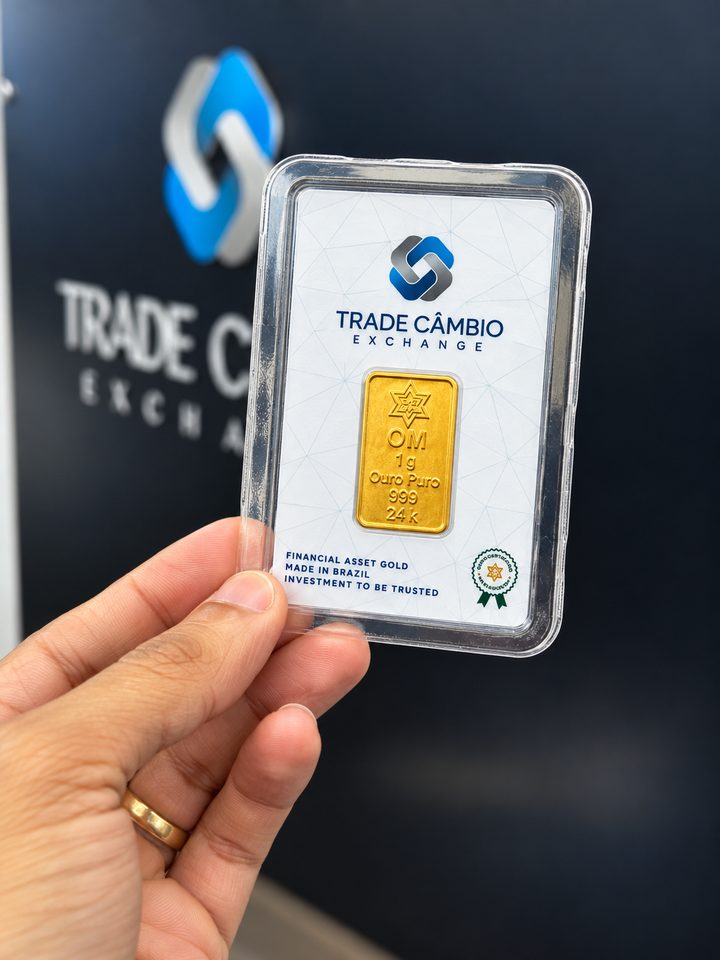 Barra de ouro de 1 grama na embalagem da Trade Câmbio